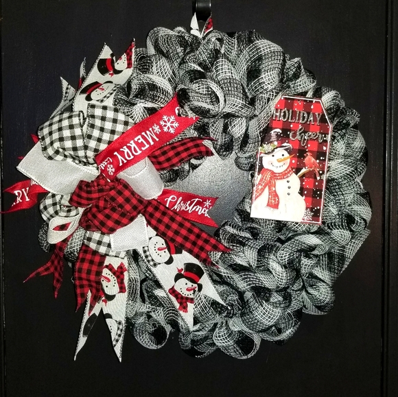 Buffalo plaid deco mesh Christmas wreath - Picture 1 of 3